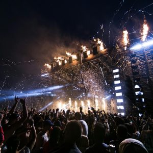 Vibrant concert scene with crowd enjoying night festival and dynamic stage fireworks.
