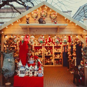 Charming Christmas market stall filled with decorations and festive cheer.